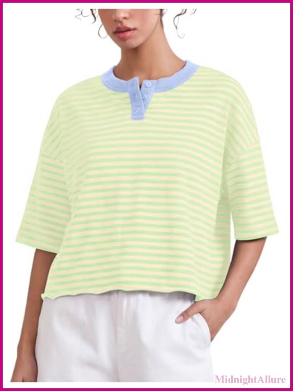 Women's Striped Henley Tee Cropped Boxy Oversized Short Sleeve T-Shirt Roll Hem